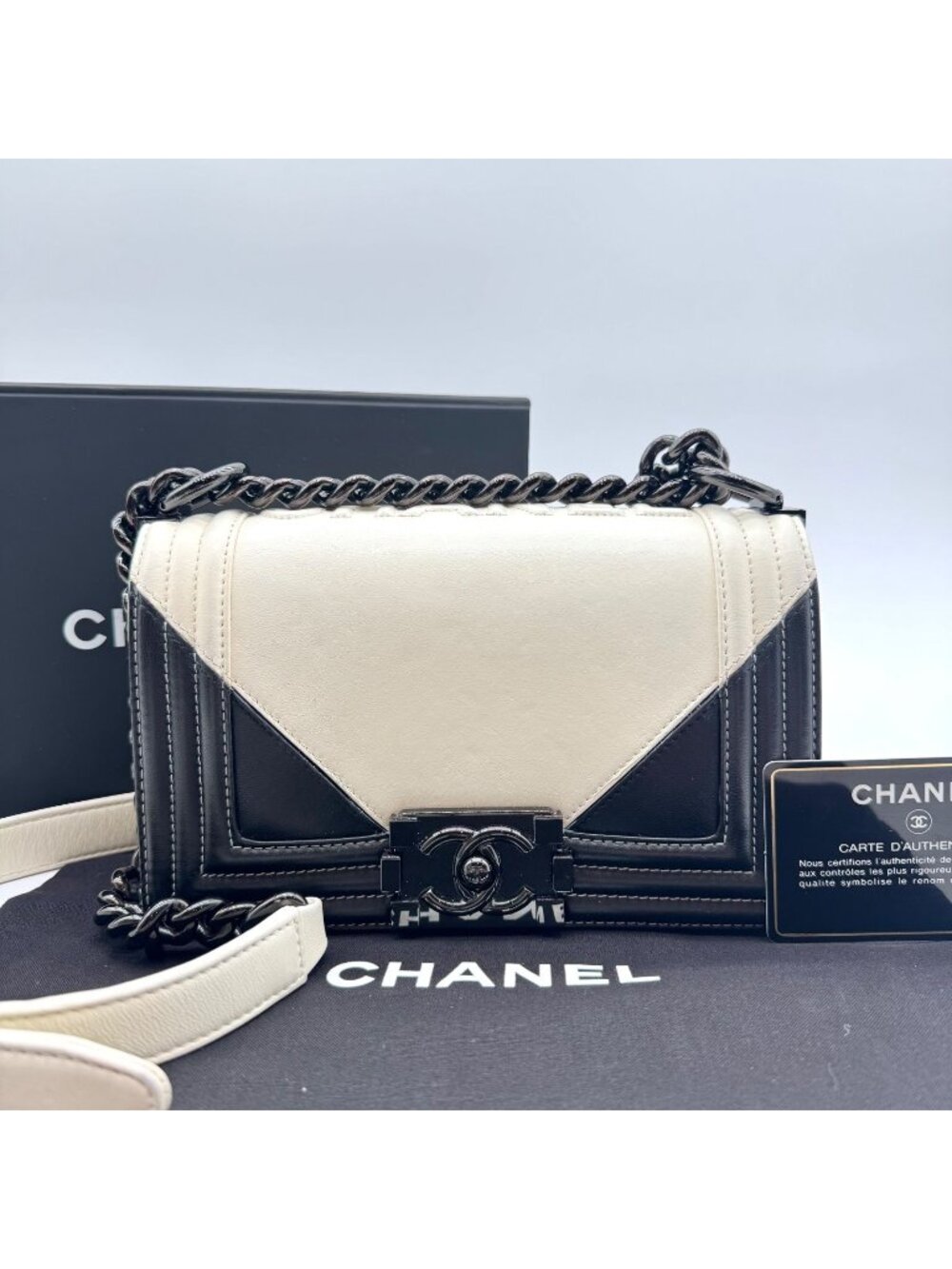 Chanel Large Shoulder Bag Boy Geometric CC Logo Leather White Black
